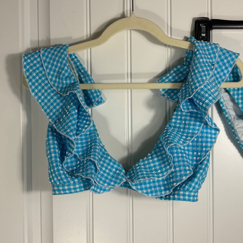 Lilly Pulitzer Blue Gingham Ruffle Bikini Set Size 8 Seersucker Two Piece Swim